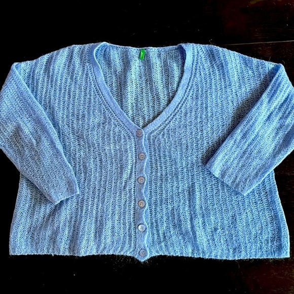 UNITED COLORS OF BENETTON sky blue super soft mohair blend cardigan size L - Picture 10 of 13
